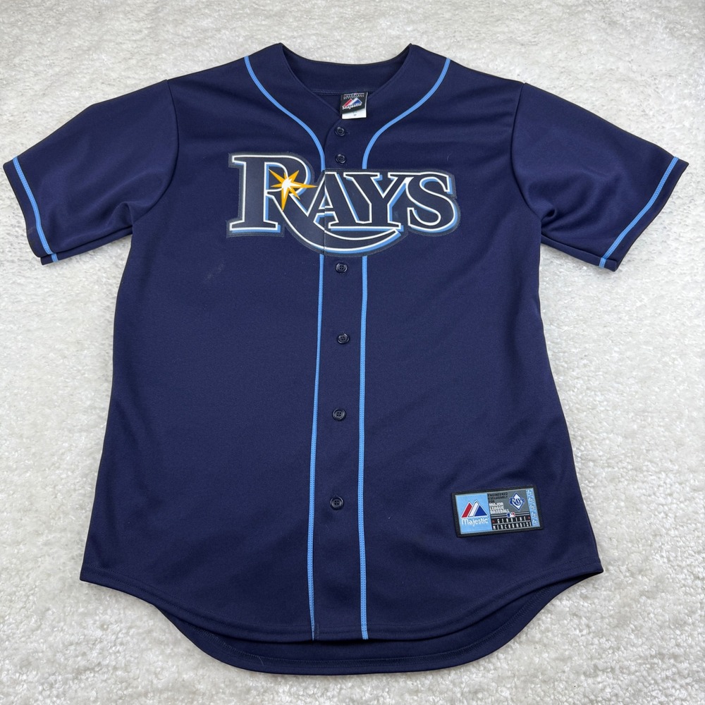 Majestic Baseball Jersey Mens M Navy Blue Tampa Bay Rays MLB Short Sleeve Button